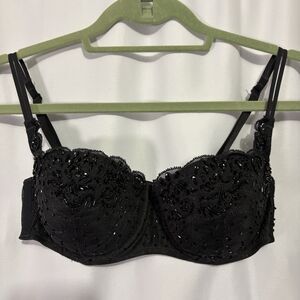 Victoria's Secret Vintage Y2K Push Up Bra Black Lace Beaded 34C Padded Sexy